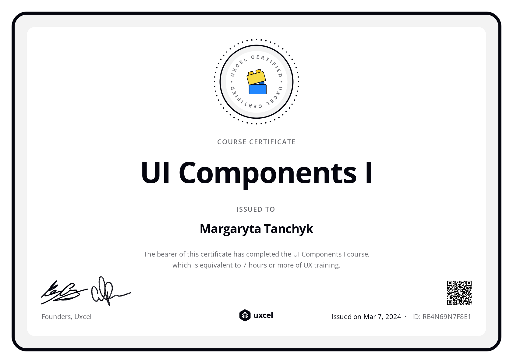 Margaryta Tanchyk's certificate